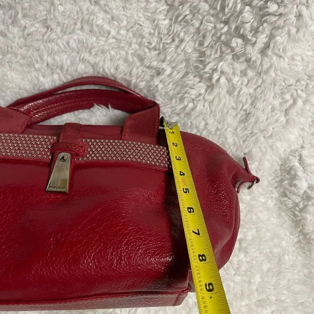 Francesco Biasia leather & suede deep Red medium Satchel gold studs accents.
